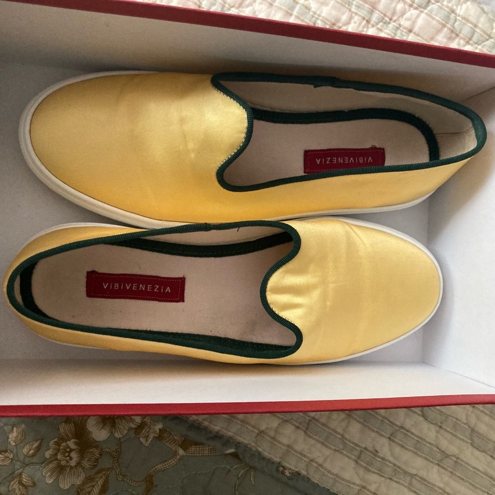 Almost-new Vibi Venezia yellow gold satin slip-on sneakers, size 40.5/size 10 - Picture 2 of 4